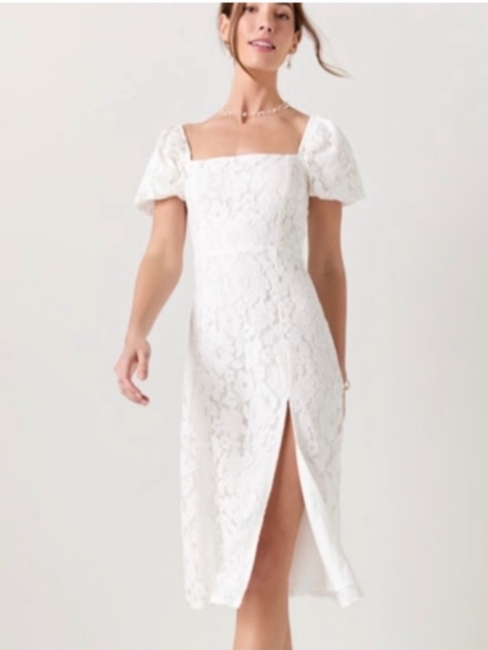 Francesca’s Mi ami White Lace Square-Neck Tabitha Midi Dress with Puff Sleeves